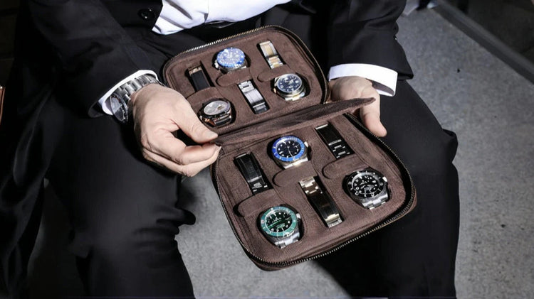 VCD-E portable premium handcrafted 6- slot leather watch storage for small spaces