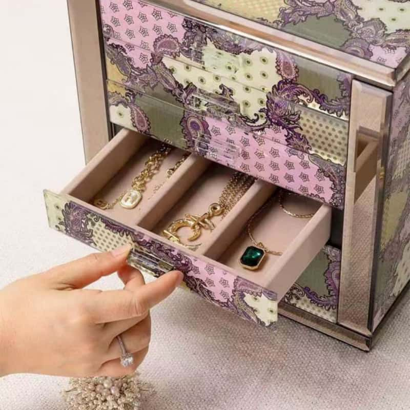 VCD-E Elyssia series Fleurish 5-layer luxury jewelry box interior lined with delicate velvet drawer liner.