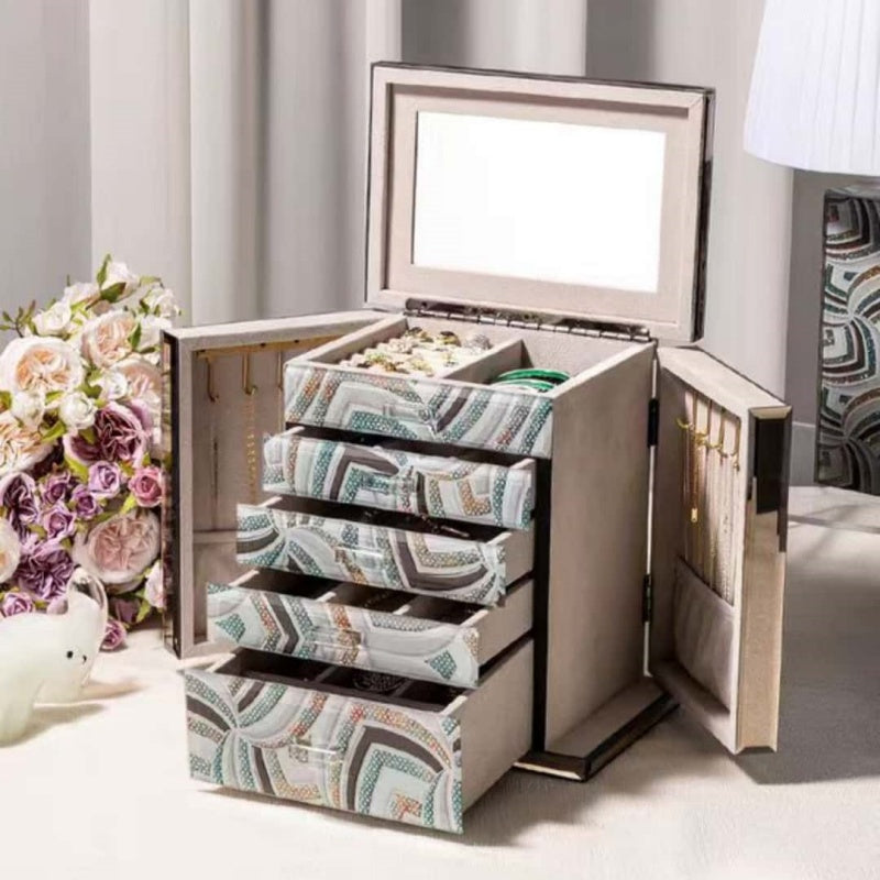 VCD-E Elyssia series Fortuitous 5-layer luxury jewelry box boasts a well-organized layout, ensuring easy access and efficient storage for your jewelry.