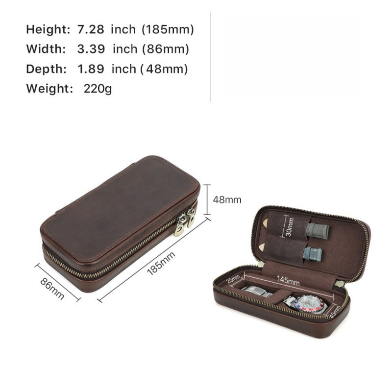 VCD-E exquisite handcrafted retro fashion dual teeth zipper 1-slot cowhide leather watch travel case dimensions: 7.3*3.4*1.9 inches.