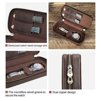 VCD-E exquisite handcrafted retro fashion dual teeth zipper 1-slot cowhide leather watch travel case highlights: elasticized watch band storage slot, the microfibre velvet groove to secure watch, dual teeth zipper design.