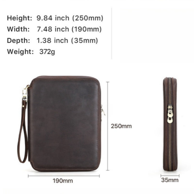 VCD-E portable premium handcrafted cowhide leather rectangle teeth zipper 8-slot watch case dimensions: 9.9*7.5*1.4 inches.