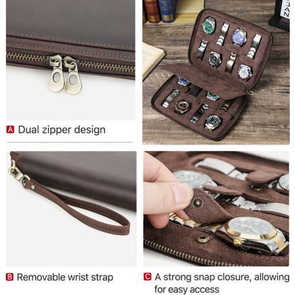 VCD-E portable premium handcrafted cowhide leather rectangle teeth zipper 8-slot watch case highlights: dual handbag zipper pulls, removable wrist strap, strong snap closure allowing for easy access.