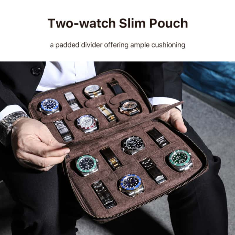 VCD-E portable premium handcrafted cowhide leather rectangle teeth zipper 8-slot watch case padded divider offering ample cushioning.
