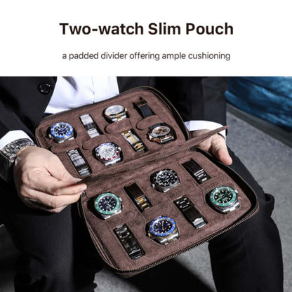 VCD-E portable premium handcrafted cowhide leather rectangle teeth zipper 8-slot watch case padded divider offering ample cushioning.
