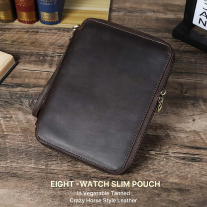 VCD-E portable premium handcrafted cowhide leather rectangle teeth zipper 8-slot watch case with smooth lines and delicate feel.