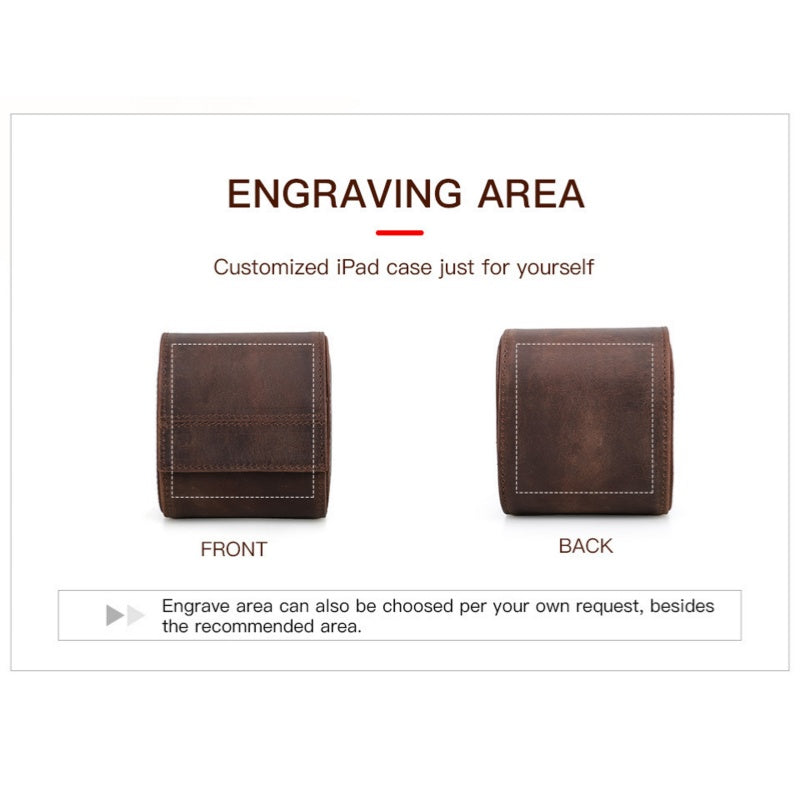 VCD-E premium handcrafted retro fashion portable egg-shaped 1-slot cowhide leather travel watch roll both front and back side can be laser engraving area.