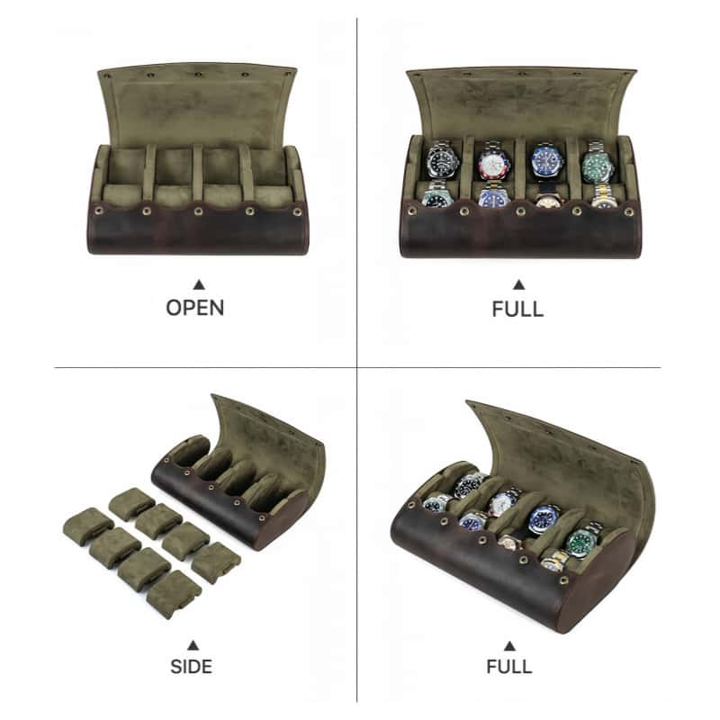 VCD-E premium handcrafted egg-shaped 8-slot cowhide leather watch case expended-state display, which is perfect storage 8 watches, m-shaped pillow slides can be easily disassembled and reassembled.