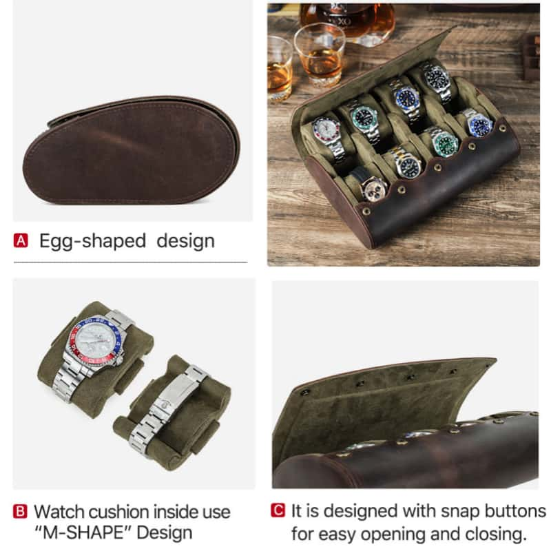 VCD-E premium handcrafted egg-shaped 8-slot cowhide leather watch case highlights: egg-shaped design, pillow slots with m-shaped design, snap buttons closure.