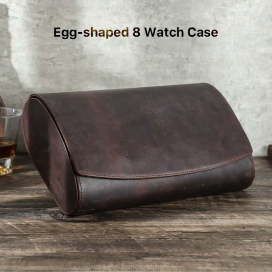 VCD-E premium handcrafted egg-shaped 8-slot cowhide leather watch case with flip-top design.