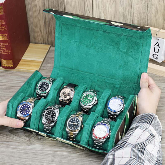 VCD-E premium handcrafted hexagonal camouflage 8-slot saffiano leather watch case flip-top design, easy access.