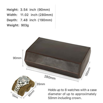 VCD-E premium handcrafted hexagonal cowhide leather 8-slot watch case dimensions: 11.1*7.5*3.6 inches.