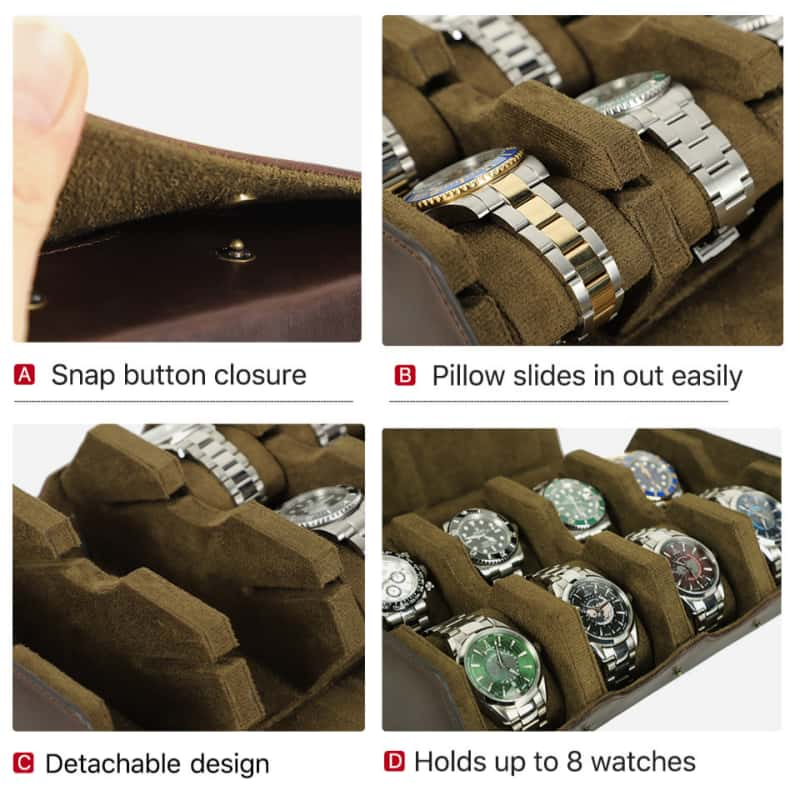 VCD-E premium handcrafted hexagonal cowhide leather 8-slot watch case highlights: snap buttons closure, pillow slides in out easily, detachable design.