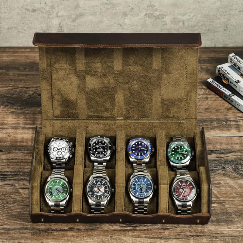 VCD-E premium handcrafted hexagonal cowhide leather 8-slot watch case scratch resistant fabric keep watch glass from damage.