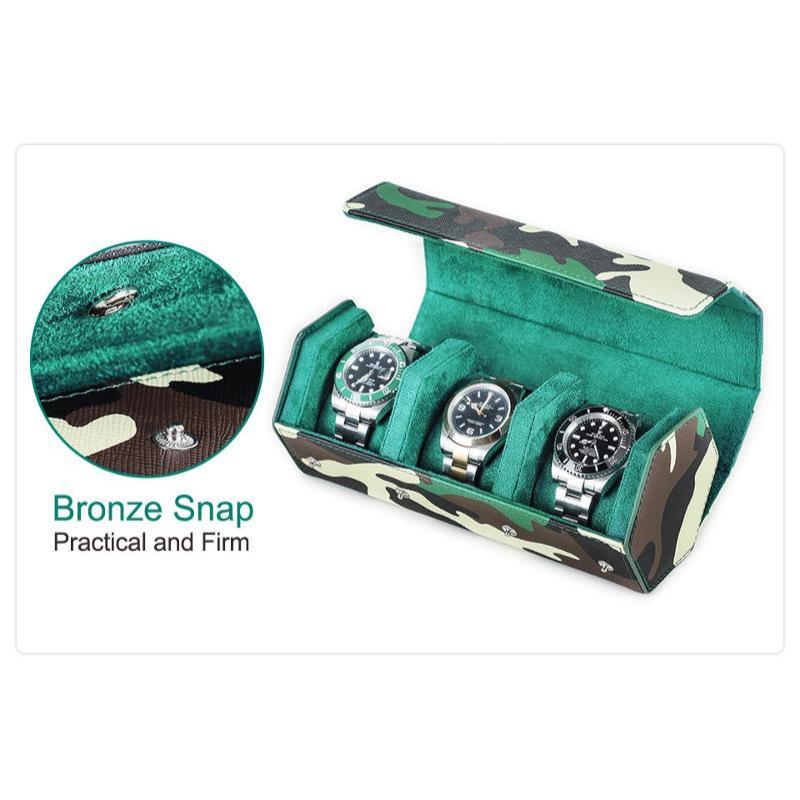 VCD-E premium handcrafted modern elegance camouflage 3-slot saffiano leather watch travel case hidden snap buttons closure is more than just a functional feature; it’s a sleek, minimalist design that blends seamlessly with the case’s overall aesthetic.