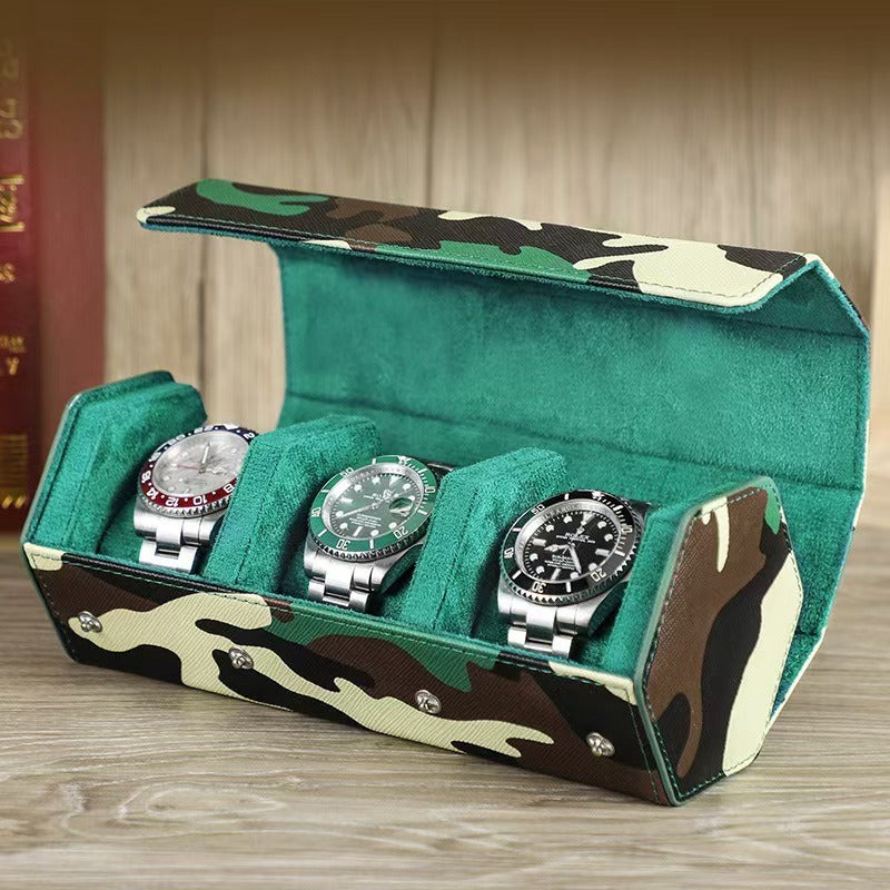 VCD-E premium handcrafted modern elegance camouflage 3-slot saffiano leather watch travel case with bold hexagonal design, reflects a balance of sophistication and rugged style, perfect for the man who appreciates both.