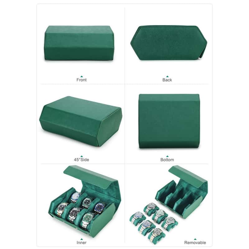 vcd-e-premium-handcrafted-modern-elegance-green-color-hexagonal-6-slot-saffiano-leather-watch-case from all angles display: thoughtfully designed to fit neatly in small spaces like luggage or drawers without sacrificing elegance or capacity, hidden snap buttons closure provide a clean, minimalist aesthetic while securely sealing your case, saffiano leather offers a waterproof and dust proof surface, giving you peace of mind during travel or storage, ensuring long-lasting appeal and functionality.