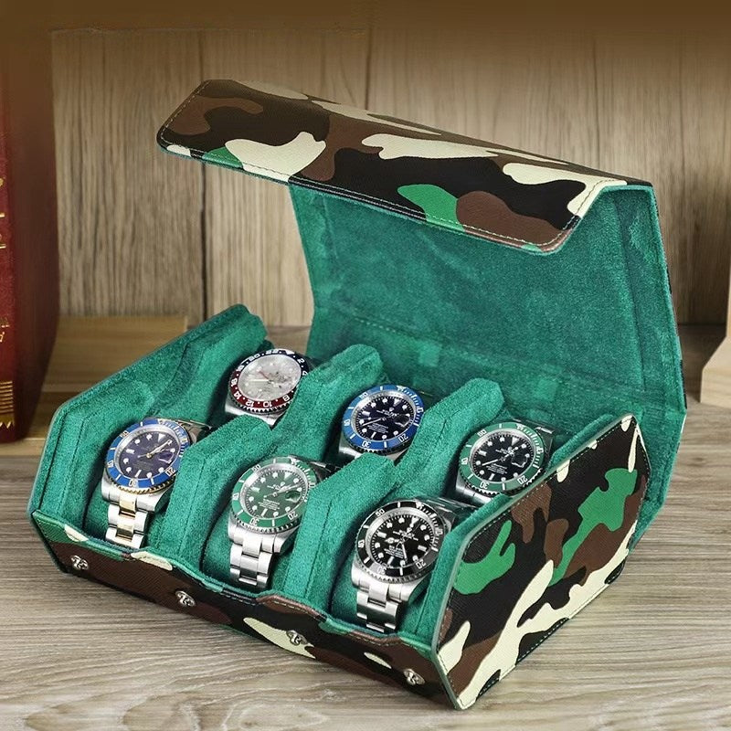 VCD-E premium handcrafted modern elegance hexagonal camouflage 6-slot saffiano leather watch case interior scratch resistant fabric ensuring your watch glass remains free from scratches, keeping them in perfect condition.