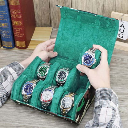 VCD-E premium handcrafted modern elegance trend color hexagonal 6-slot saffiano leather watch case with removable pillow slides design, keeping your watches secure and neatly organized.