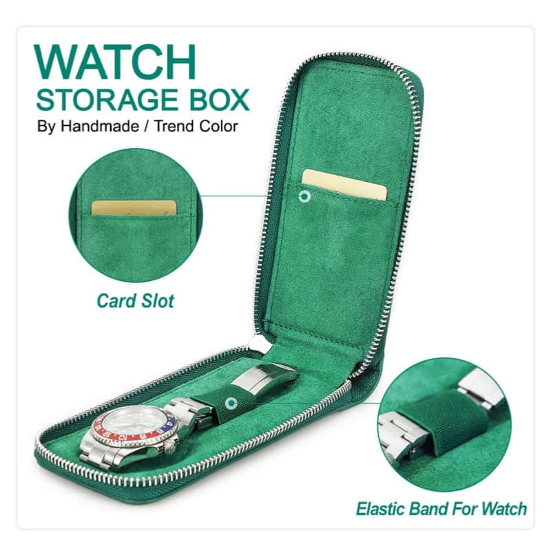 VCD-E premium handcrafted modern elegance trend color 1-slot saffiano leather watch travel case with elastic band for watch, keeping your watch in place. The additional compartment allows for easy storage of small accessories or extra bands.