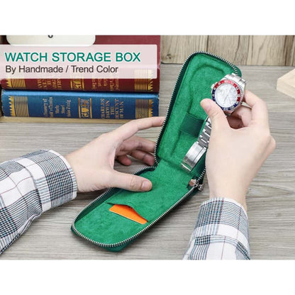 VCD-E premium handcrafted modern elegance trend color 1-slot saffiano leather watch travel case with teeth zipper closure design, ensures smooth and secure access to your watch.