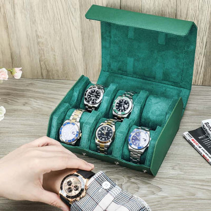 VCD-E premium handcrafted modern elegance trend color hexagonal 6-slot saffiano leather watch case interior scratch resistant fabric protects your watch glass from abrasions, keeping it in perfect condition.