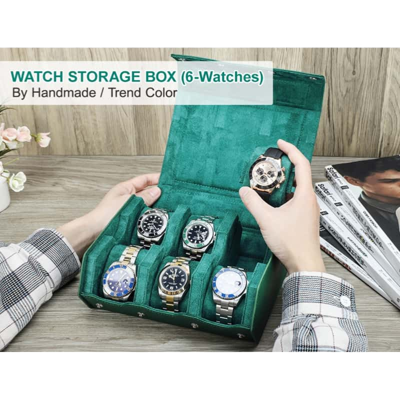 VCD-E premium handcrafted modern elegance trend color hexagonal 6-slot saffiano leather watch case removable pillow slides offer ample room to secure and organize your watches, ensuring they remain safe and accessible.