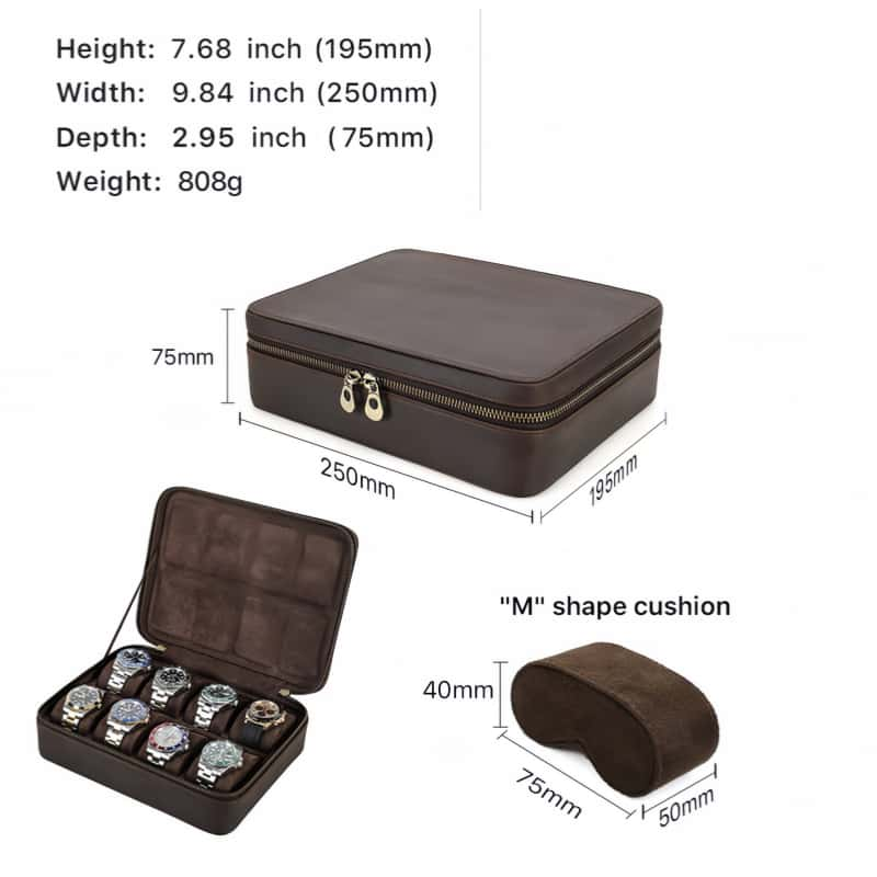 VCD-E premium handcrafted rectangle dual teeth zipper cowhide leather 8-slot watch case dimensions: 9.9*7
7*3 inches.