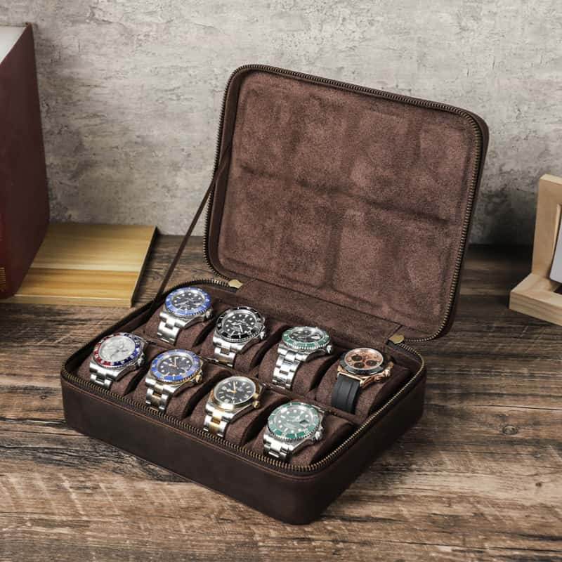 VCD-E premium handcrafted rectangle dual teeth zipper cowhide leather 8-slot watch case is perfectly storage 8 watches, interior scratch resistant fabric keep watch glass from damage.