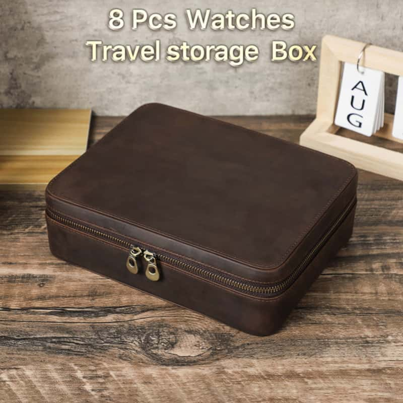 VCD-E premium handcrafted rectangle dual teeth zipper cowhide leather 8-slot watch case with smooth lines and delicate feel.