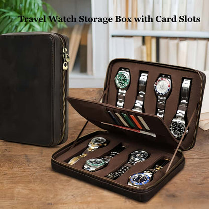 VCD-E premium handcrafted rectangle dual teeth zipper cowhide leather 8-slot watch case comes with a divider, which is featuring 5 card slots and a compartment, well organized layout.