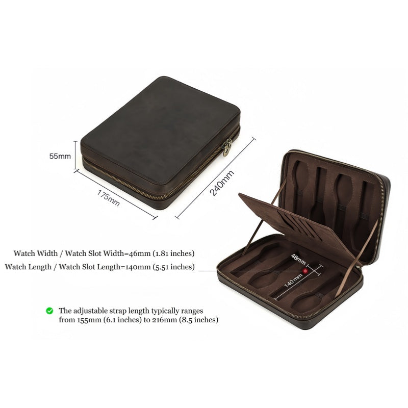 VCD-E premium handcrafted rectangle dual teeth zipper cowhide leather 8-slot watch case dimensions: 9.5*6.9*2.2 inches, and adjustable strap length typically ranges from 6.1 to 8.5 inches.