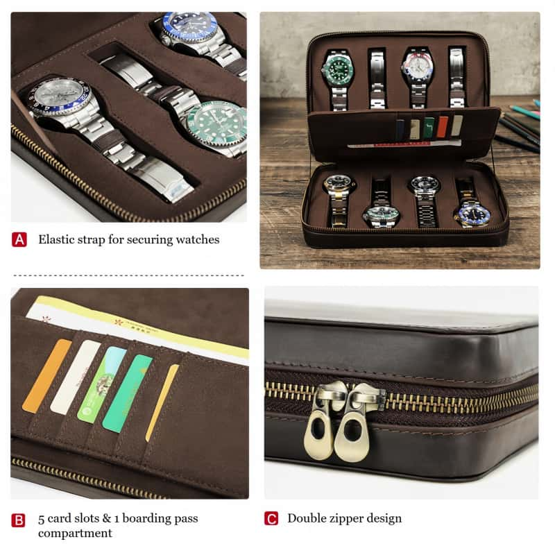 VCD-E premium handcrafted rectangle dual teeth zipper cowhide leather 8-slot watch case highlights: elastic strap for securing watches, 5 card slots and 1 compartment, dual teeth zipper design.