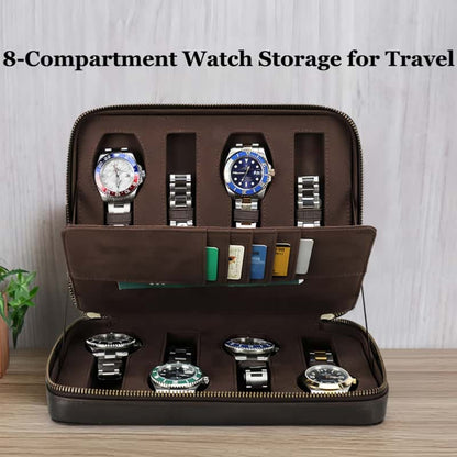 VCD-E premium handcrafted rectangle dual teeth zipper cowhide leather watch case with 8 independent watch slots, perfectly storage 8 watches.