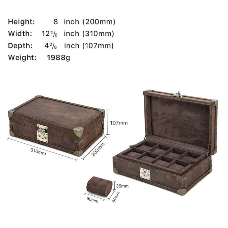 VCD-E premium handcrafted retro fashion box-shaped cowhide leather 8-slot watch case dimensions: 12.3*7.9*4.3 inches.