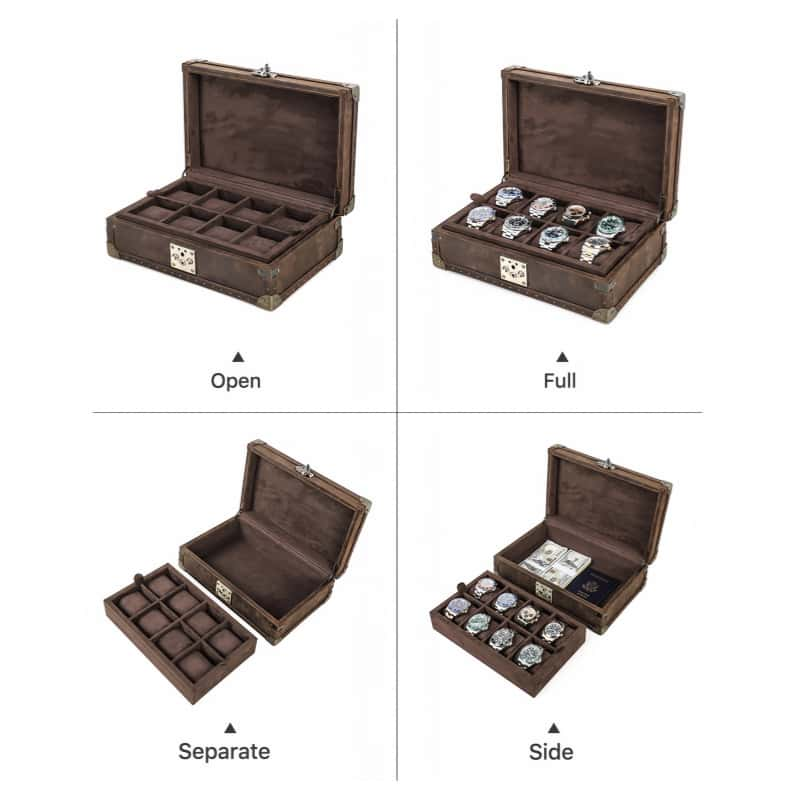 VCD-E premium handcrafted retro fashion box-shaped cowhide leather 8-slot watch case expended state display: double-layer design, not only for watches, but also for storing other valuable items, watch cushion can be lifted easily.