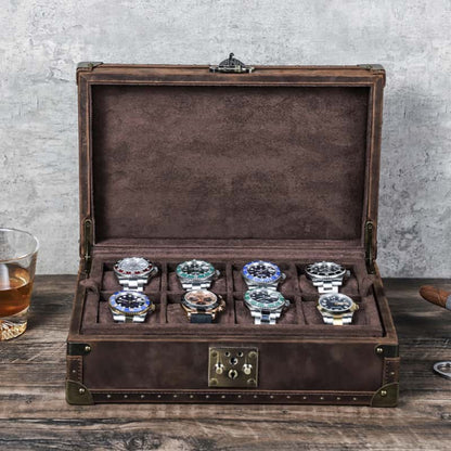 VCD-E premium handcrafted retro fashion box-shaped cowhide leather 8-slot watch case scratch resistantt fabric keep watch glass from damage.