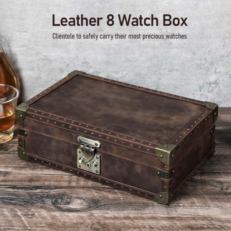 VCD-E premium handcrafted retro fashion cowhide leather 8-slot watch case with treasure box shape design.