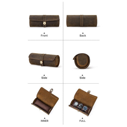 VCD-E premium handcrafted retro fashion coffee color snap buttons 3-slot cowhide leather travel watch roll from all angles display, its compact and oval shape design makes this the ideal watch roll for tight spaces, such as your suitcase, drawer, or carry-on bag. With its dust-proof design, your timepieces are shielded from dirt and dust, ensuring that they remain in pristine condition no matter where you are.