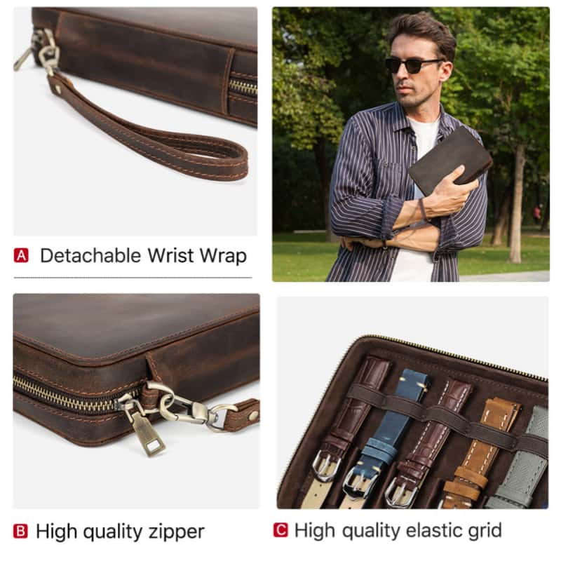 VCD-E premium handcrafted retro fashion cowhide leather teeth zipper apple watch band case highlights: detachable wrist wrap, high quality teeth zipper and elastic grid.