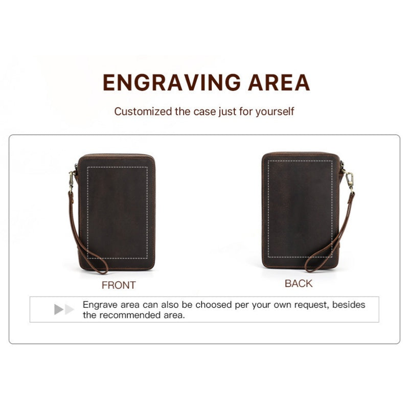 VCD-E premium handcrafted retro fashion cowhide leather teeth zipper apple watch band case laser engraving area can be customized according to your needs.