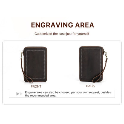 VCD-E premium handcrafted retro fashion cowhide leather teeth zipper apple watch band case laser engraving area can be customized according to your needs.