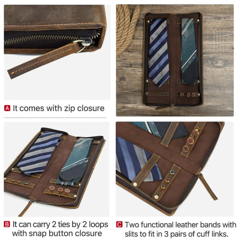 VCD-E premium handcrafted retro fashion cowhide leather tie organizer details: 1. teeth zipper closure, 2. It can carry 2 ties by 2 loops with snap button closure, 3. 2 functional cowhide leather bands with slits to fit in 3 pairs of cuff links.