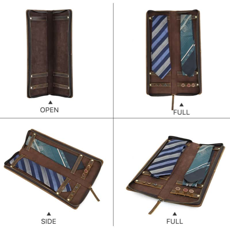 VCD-E premium handcrafted retro fashion cowhide leather tie organizer 
expended state from all angles display.