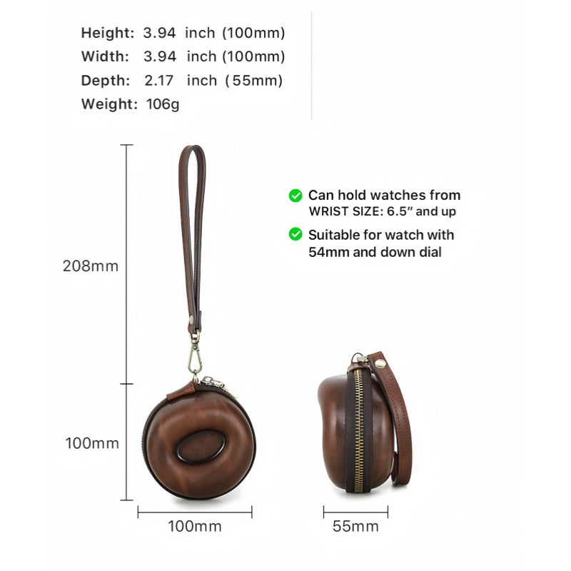 VCD-E premium handcrafted retro fashion donut shape 1-slot cowhide leather watch travel case dimensions: 4*4*2.2 inches