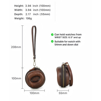 VCD-E premium handcrafted retro fashion donut shape 1-slot cowhide leather watch travel case dimensions: 4*4*2.2 inches