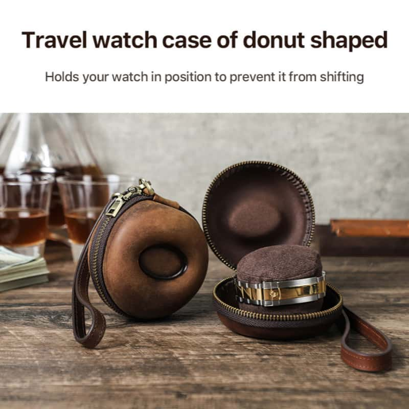 VCD-E premium handcrafted retro fashion donut shape 1-slot cowhide leather watch travel case fixed pillow slides hold watch in position to prevent it from shifting.