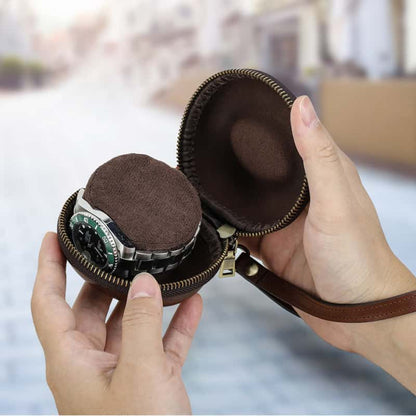 VCD-E premium handcrafted retro fashion donut shape 1-slot cowhide leather watch travel case interior scratch resistant fabric protect watch glass from damage.