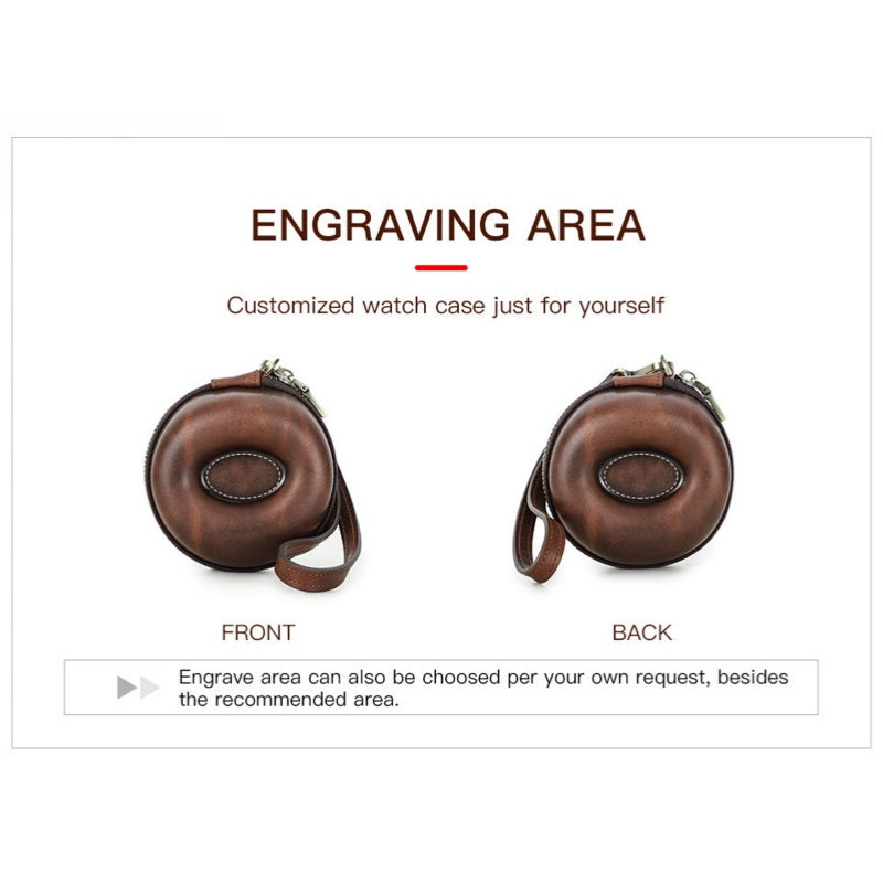 VCD-E premium handcrafted retro fashion donut shape 1-slot cowhide leather watch travel case laser engraving can be customized according to your needs.