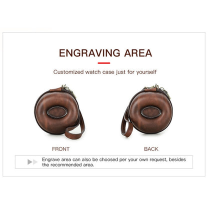 VCD-E premium handcrafted retro fashion donut shape 1-slot cowhide leather watch travel case laser engraving can be customized according to your needs.